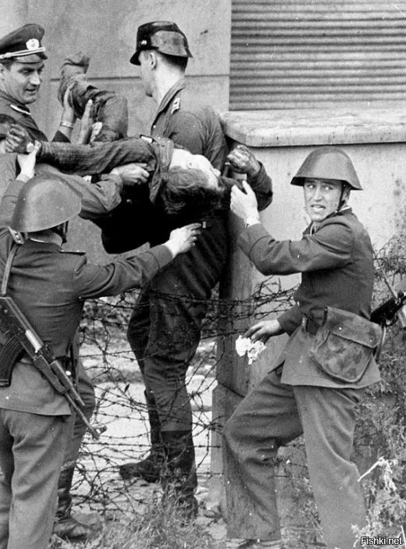 После возведения стены около 5000 людей попытались убежать. В результате погибло от 98 до 200 человек. На этом фото умирающего Питера Фехтера уносят солдаты пограничной службы Восточной Германии, которые стреляли в него, когда тот пытался бежать на запад 17 августа 1962 года.
Это тоже фейк?