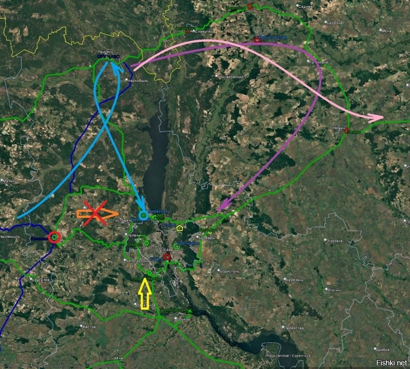 По поводу того, что АЭС вроде как разгоняются, а света в Киеве больше не становится.
Скорее всего, на ПС Киевская (красный кружок) разбиты обе автотрансформаторные группы (привет будкам), соответственно, подачи с неё нет (зачёркнутая стрелка). Остаётся хитрый путь через ЧАЭС (голубые стрелки), но наши, похоже, навестили ПС Северная (голубой кружок), что вызвало у данного маршрута проблемы (но не смертельные). В более хитрый маршрут (фиолетовая стрелка) я не очень верю, скорее всего он если и работает, то на восток (розовая). И остаётся подача со стороны Трипольской ТЭС (жёлтая стрелка), но там ситуация тоже не фонтан, нагрузки много, а генерации не очень.